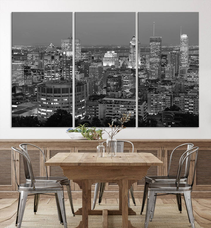 The gallery-wrapped, museum-quality canvas print features the Montreal Canada City Wall Art, showcasing a cityscape at night in black and white.