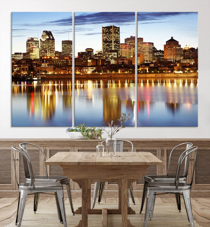 A Montreal Canada City Wall Art Canvas Print, depicting the cityscape at dusk and reflecting in calm waters, is crafted with museum-quality canvases and a UV-protective coating. This remarkable piece guarantees vibrant colors that remain stunning and ready to hang for years to come.