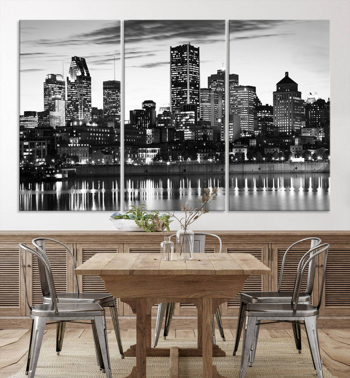 The contemporary living room features the Montreal Canada City Wall Art Canvas Print, an elegantly gallery-wrapped triptych on museum-quality canvas, prominently hung above.