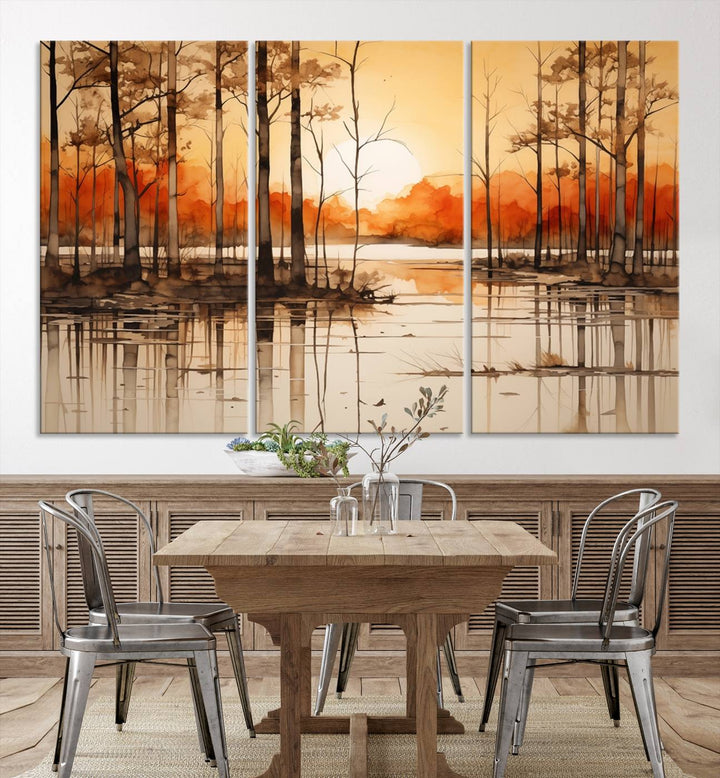 An Abstract Watercolor Trees and Sunset on Lake Wall Art Canvas Print, created on museum-quality canvas.