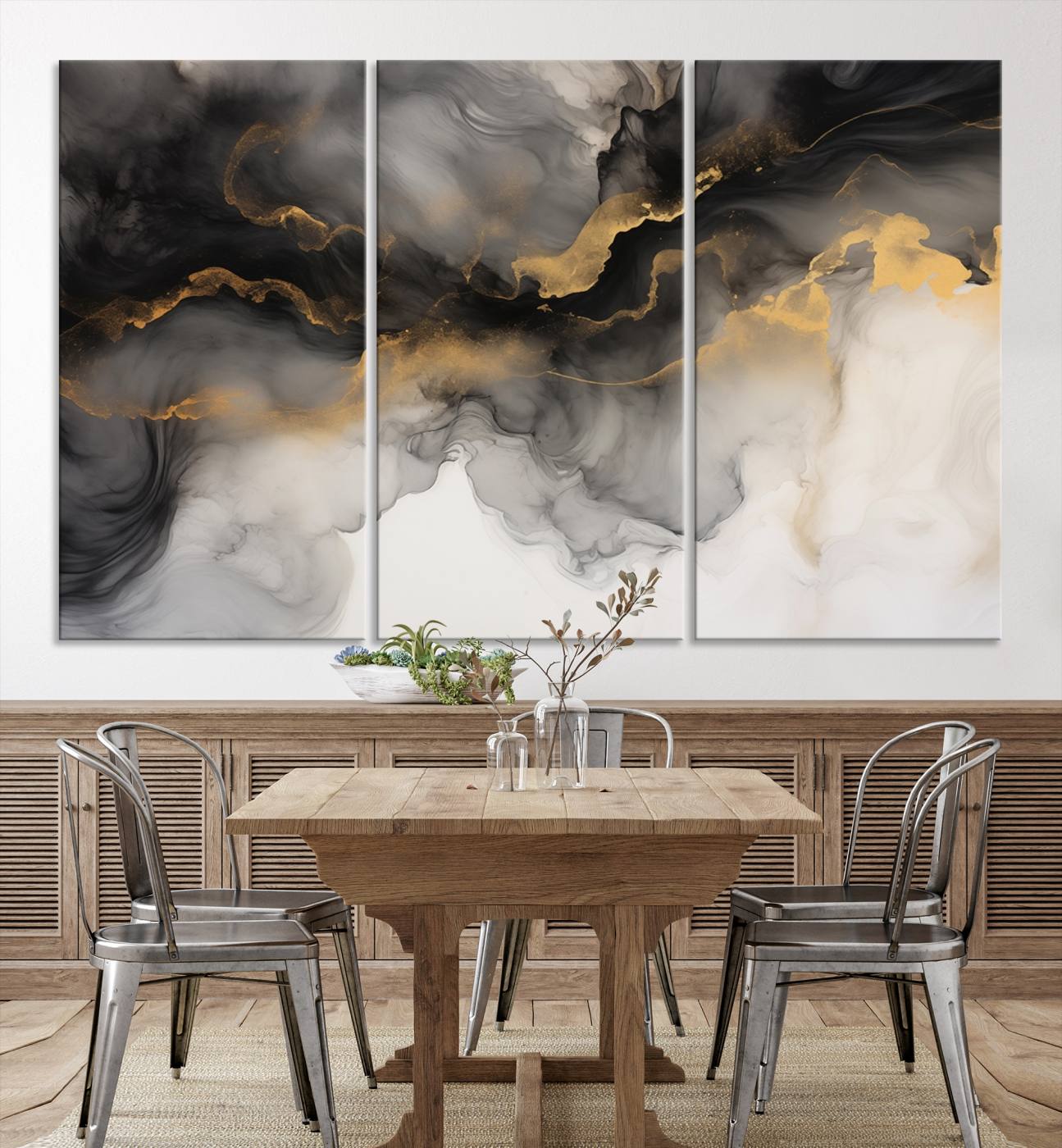 Brown Smoke Art Canvas Print for Living Room Home Decor graces a dark wall.