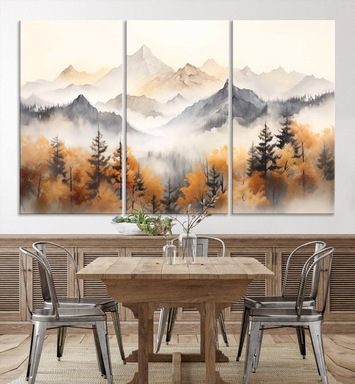 Art mural abstrait aquarelle montagnes et arbres automne