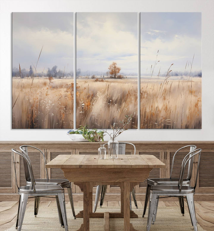 The modern living room features the Golden Fields Canvas Wall Art Print – Serene Landscape of Nature’s Tranquility in Minimalist for Farmhouse Decor, showcasing serene golden fields that enhance the calming ambiance.