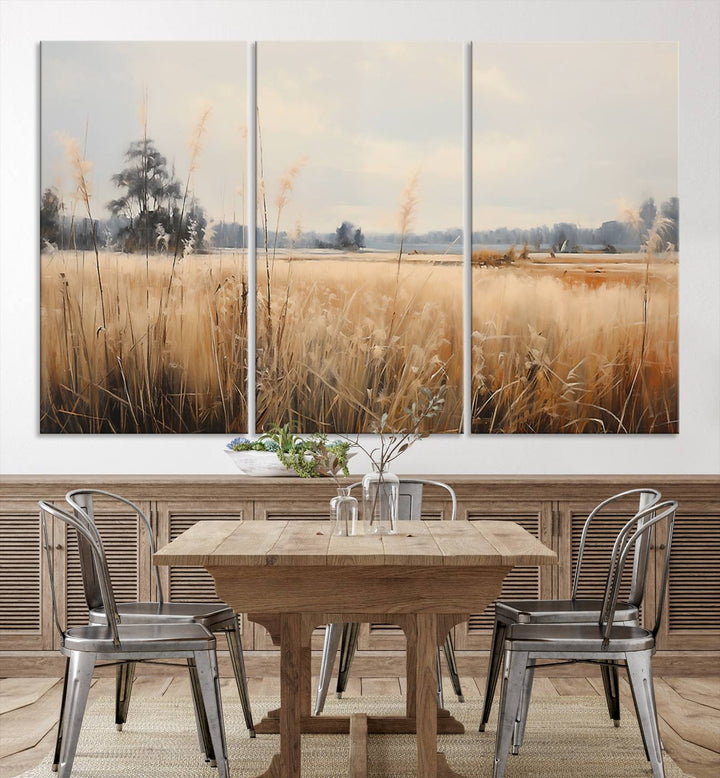 A Wildflower Field Landscape Oil Painting, showcasing a vintage art print of a serene field with tall grasses and distant trees, is beautifully presented on museum-quality canvases with gallery-wrapped edges.