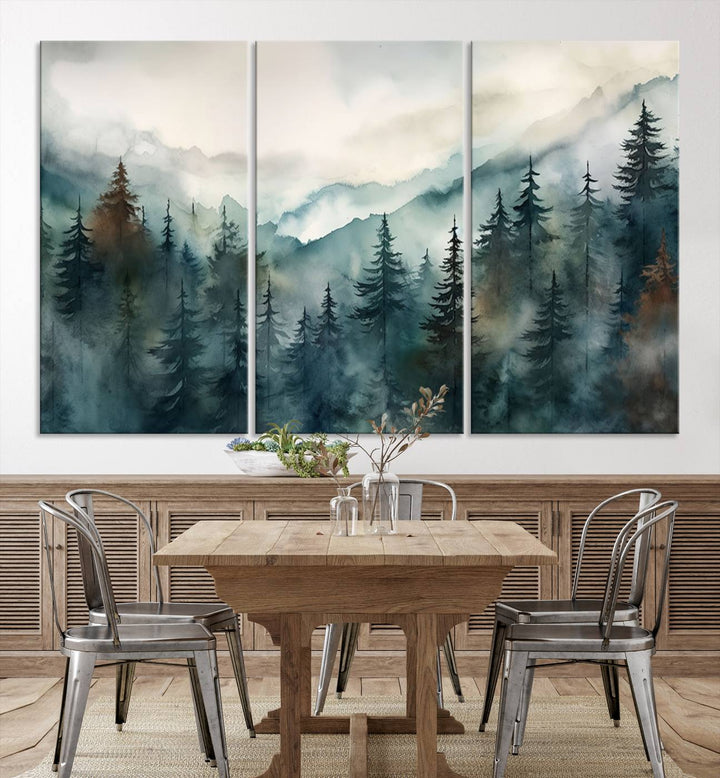 A set of Serenity Forest Wall Art Canvas prints, showcasing foggy mountain landscapes, is displayed in the living room.