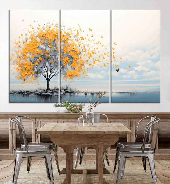 A Butterfly Tree Wall Art Canvas, featuring a modern tree adorned with yellow butterflies, decorates the wall.