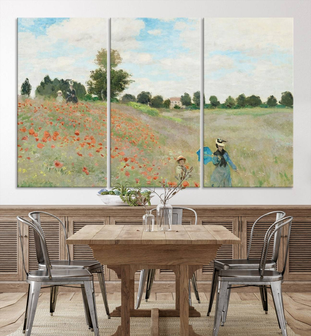 The Claude Monet The Poppy Field Canvas Print features a scene of a serene meadow with blooming flowers and a woman and child. It is printed on museum-quality canvas with UV-protective coating.