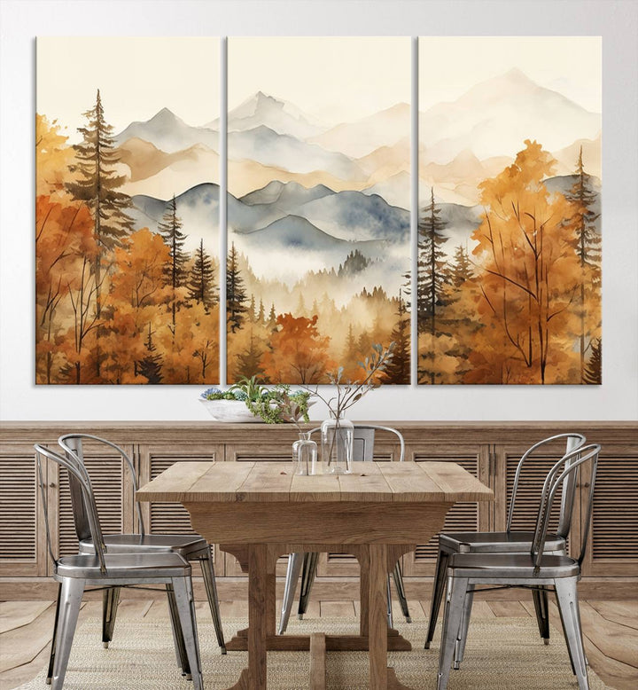 Abstract Mountain Mist Canvas Wall Art – Tranquil Autumn Forest and Misty Peaks - Ready to Hang