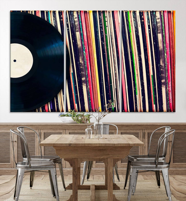 The room showcases the "Vinyl Record and Album Collection Canvas Wall Art," a perfect retro music decor piece for vintage vinyl lovers.