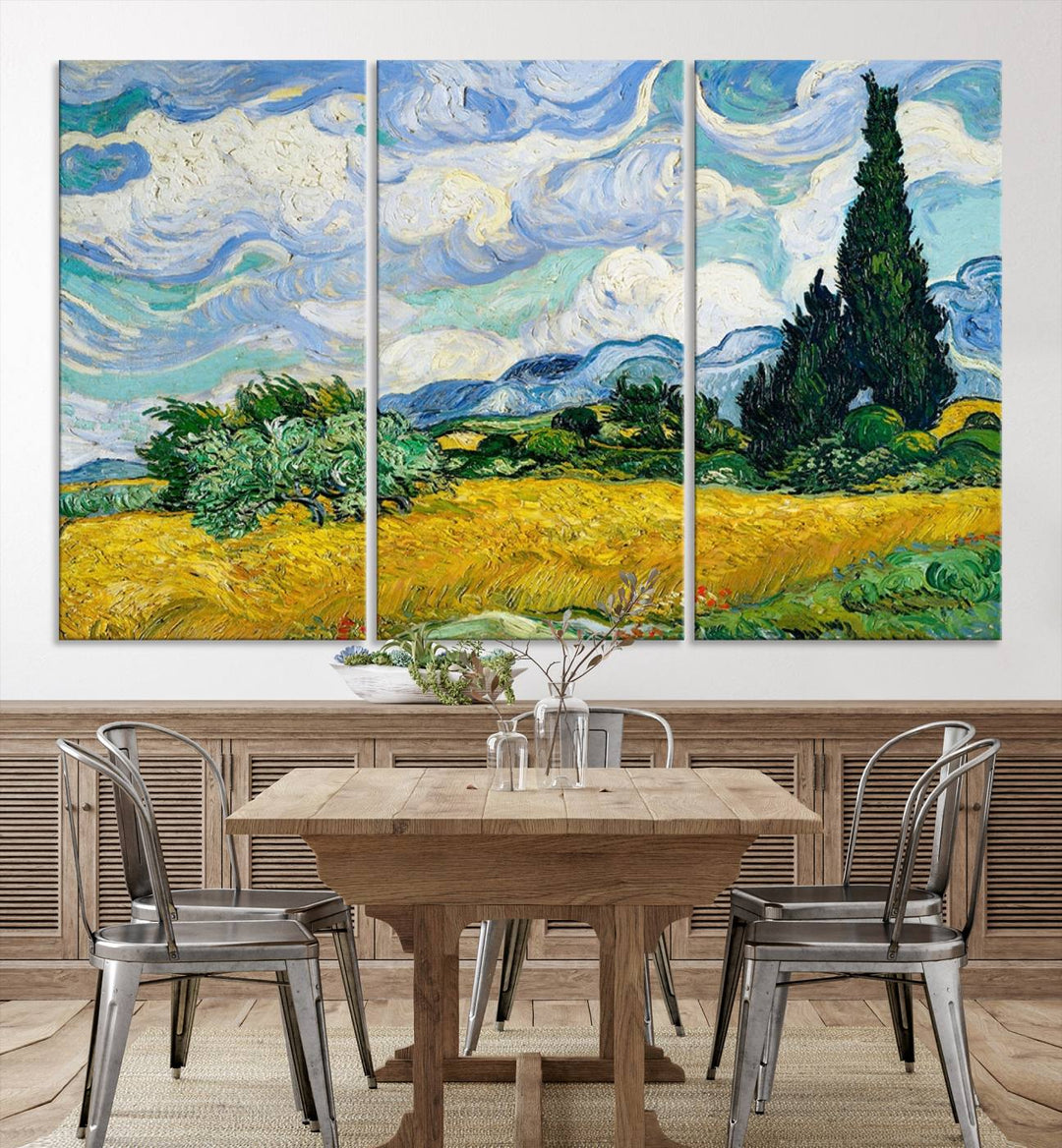 A contemporary living room features a large triptych of "Wheatfield With Cypresses By Van Gogh Painting Wall Art Canvas Print." Crafted on museum-quality canvas, this artwork brings a sense of elegance and craftsmanship reminiscent of professional artistry.