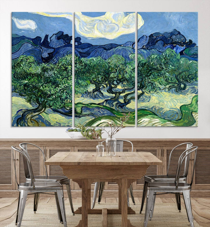 The Olive Trees Van Gogh Wall Art Canvas Print enhances the living room with its vivid landscape on museum-quality canvas, complete with a UV-protective coating.