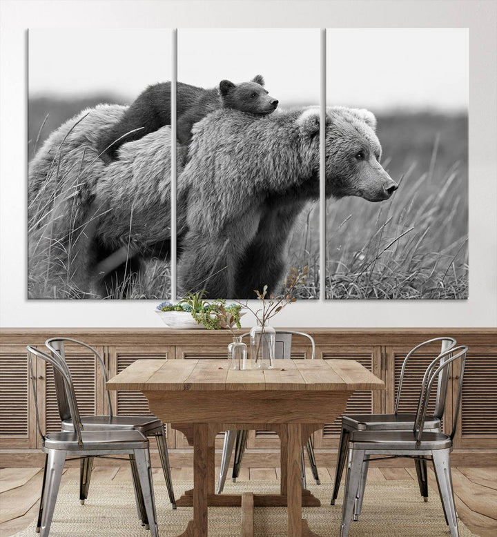 Baby Bear and Mom Bear Family Black & White Canvas Print Wall Art Canvas