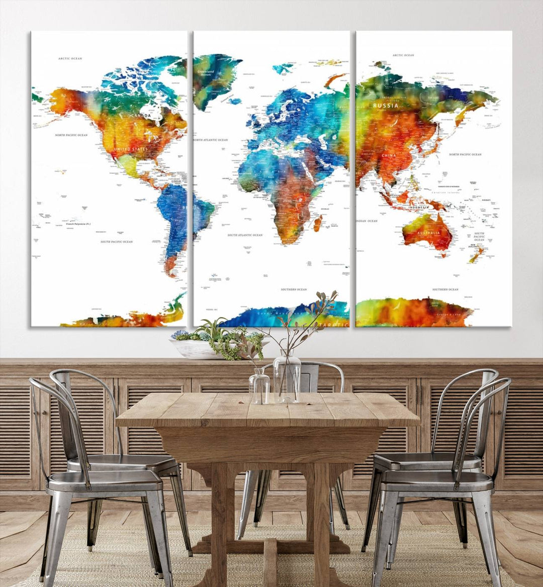 Mixcolor World Map Wall Art Canvas Print, showcasing vibrant colors and a gallery-quality finish.