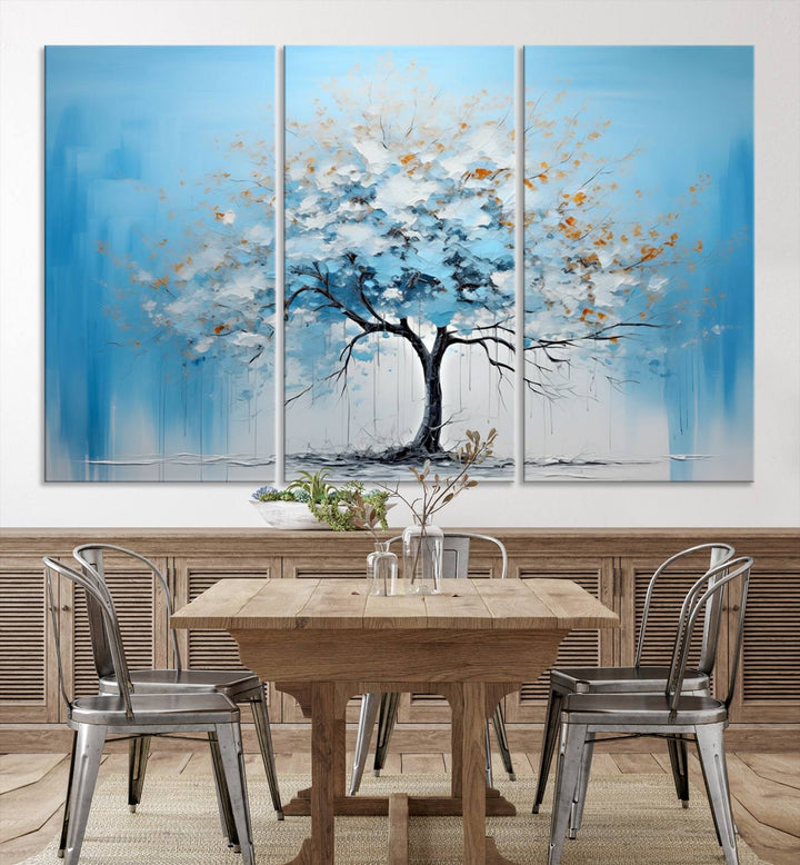 Modern living room featuring the Large Blue Abstract Tree Wall Art Canvas Printing. Enjoy the elegance with free shipping.