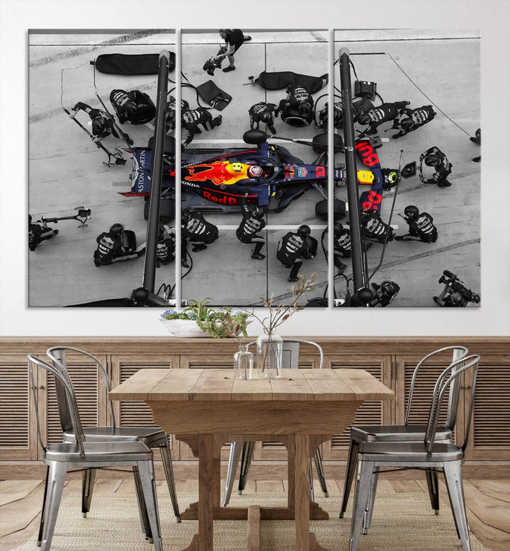 The RedBull Formula 1 Canvas Wall Art Print, a set of three gallery-quality pieces, elegantly adorns the wall.