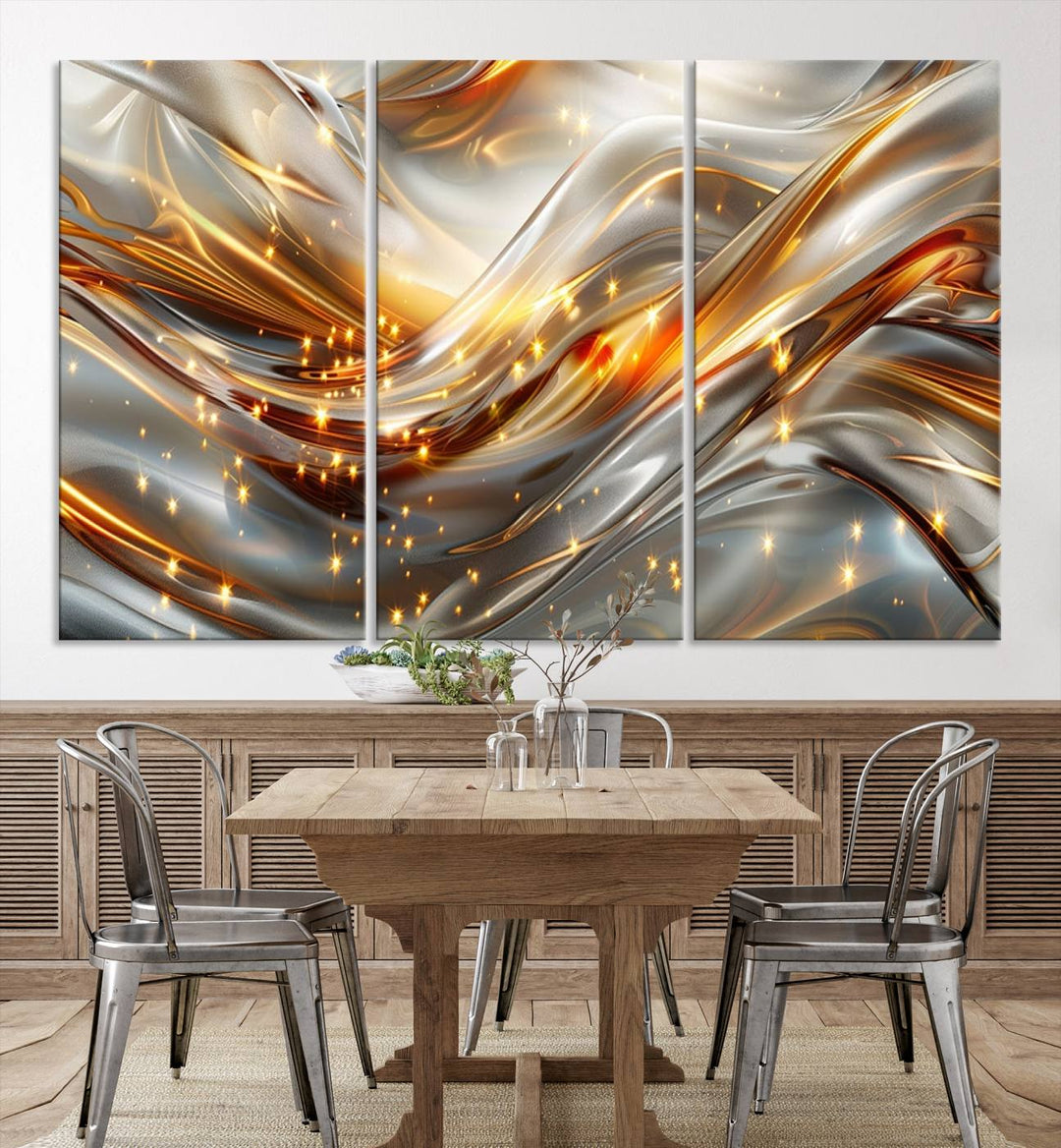 The Elegant Modern Gold Abstract Wall Art - Premium Framed Canvas Print for Home & Office Decor showcases a captivating triptych with swirling metallic designs and golden sparkles, perfectly enhancing contemporary interiors.