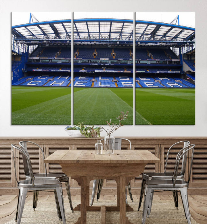 The Chelsea FC Soccer Team Print - Stamford Bridge Stadium Wall Art Canvas Print hangs elegantly, bringing the thrill of the game into your living room.