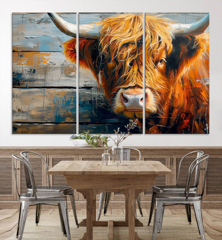 The Highland Cow Abstract Canvas Wall Art, a bold piece of farmhouse rustic decor, adds charm to the modern living room.