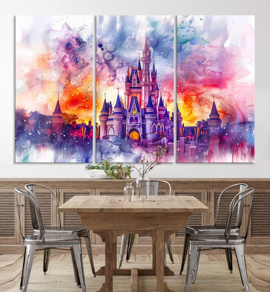 A vibrant piece of wall art depicting the Cinderella Castle from Disneyland, presented as a watercolor painting on premium canvas, is displayed.