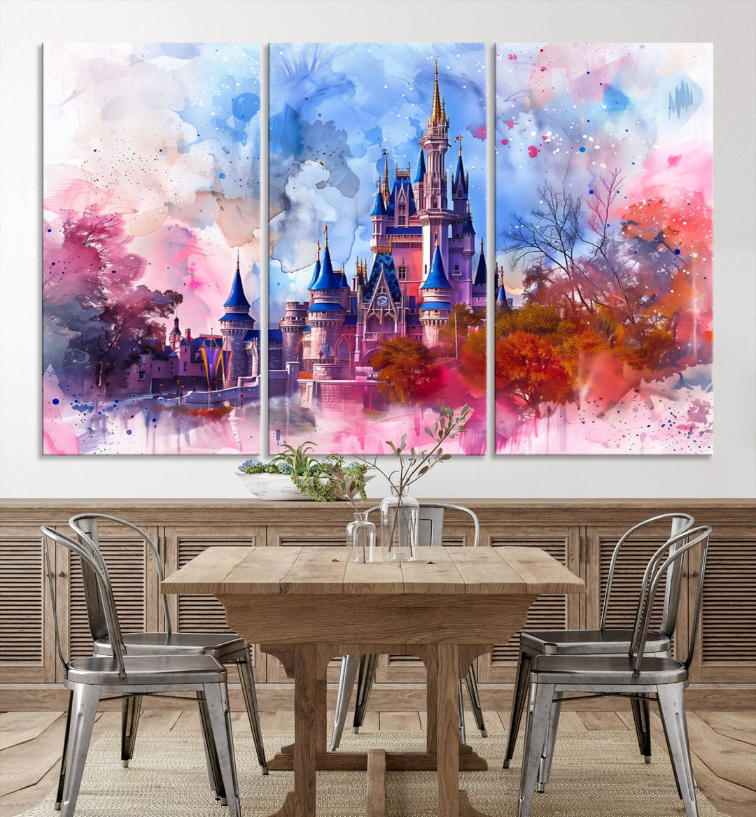 The Disney Wall Art: Dreamy Watercolor Cinderella Castle Canvas Print features a fairy-tale castle with vibrant pink, blue, and purple hues. Expertly handmade in the USA, this premium canvas wall art adds a touch of enchantment to any room.