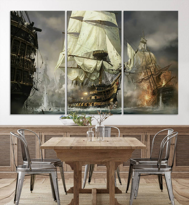 The Pirate Ship War Wall Art Canvas Print, featuring a stunning three-panel depiction of an intense sea battle with tall ships, boasts a gallery-quality finish that adds an elegant touch to its display.