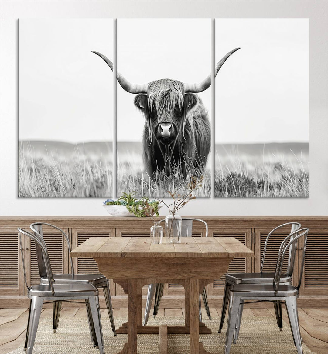 The living room is enhanced by a stunning three-panel Longhorn Wall Art Canvas Print. This museum-quality piece of Texas Longhorn Art comes on a gallery-wrapped canvas with a UV-protective coating to keep it vibrant under everyday light exposure.