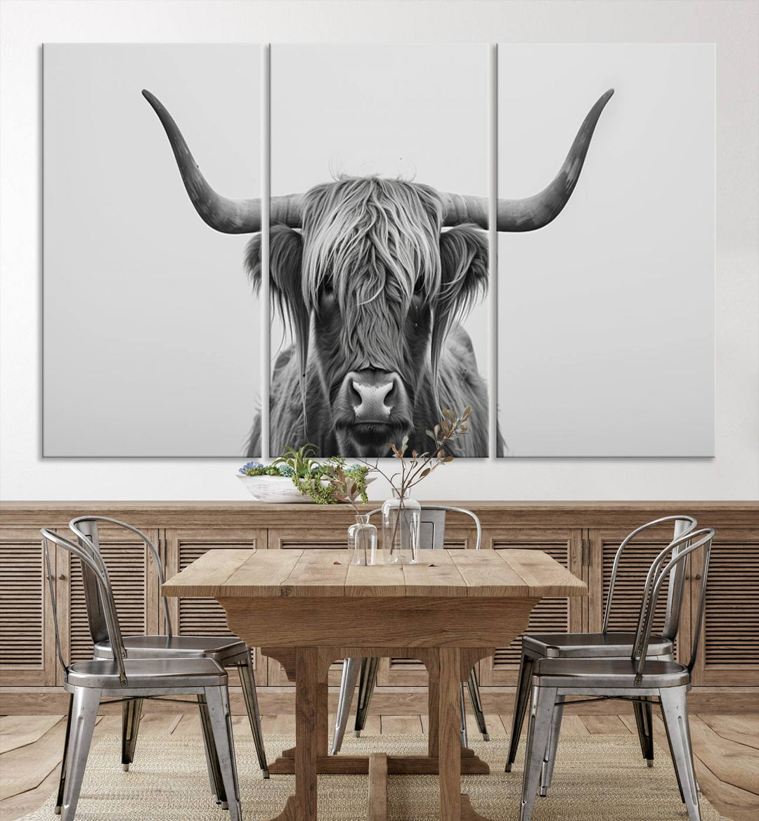 A triptych titled "Farmhouse Longhorn Wall Art Canvas Print, Longhorn Texas Wall Art Canvas Print," rendered in a gallery-quality finish, hangs prominently on the wall.