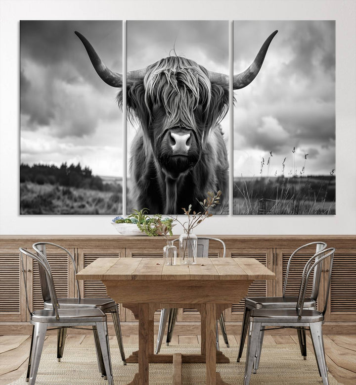 A stunning gallery-quality piece, the "Scottish Cow Wall Art Canvas Print | Longhorn Wall Art | Bighorn Animal Wall Art," depicts a Highland cow with long horns and shaggy fur. This captivating wall art elegantly enhances the space.