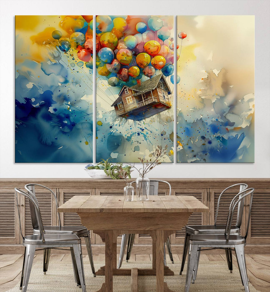 The Cartoon Movie Wall Art Canvas Print, featuring a vibrant house lifted by balloons and split across three panels, serves as captivating wall art. Handmade in the USA, it adds charm and whimsy to any space.