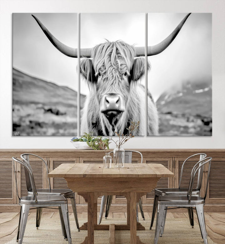 A "Scottish Cow Wall Art Canvas Print" with a gallery-quality finish hangs prominently.