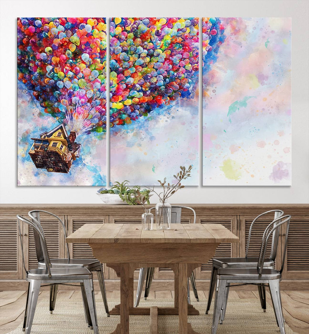 The "Watercolor Cartoon Movie Balloons Canvas Print" is showcased, depicting a whimsical house being lifted by colorful balloons. This triptych wall art is crafted on museum-quality canvases with a UV-protective coating to maintain its vibrant colors, making it ready to hang in any room.