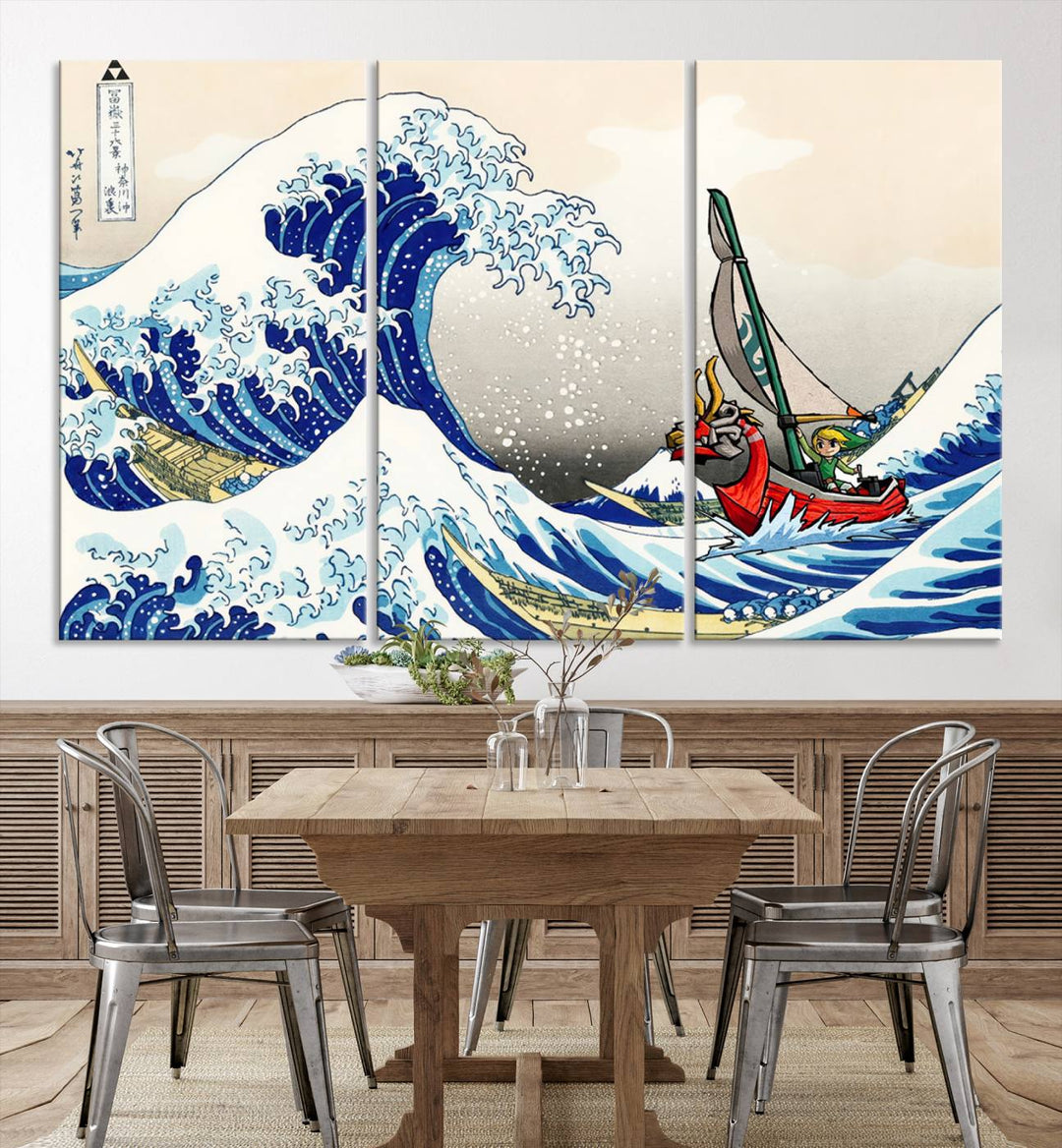 The Katsushika Hokusai Kanagawa Giant Wave Wall Art Canvas Print, featuring iconic Japanese art, brings a touch of modern artistry to the living room.