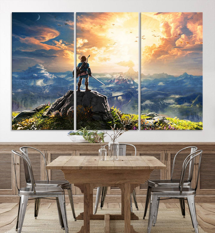 The Legend of Zelda Breath of the Wild Game Wall Art Canvas Print showcases a fantasy landscape with a character on a cliff, all rendered in gallery-quality finish on premium canvas.