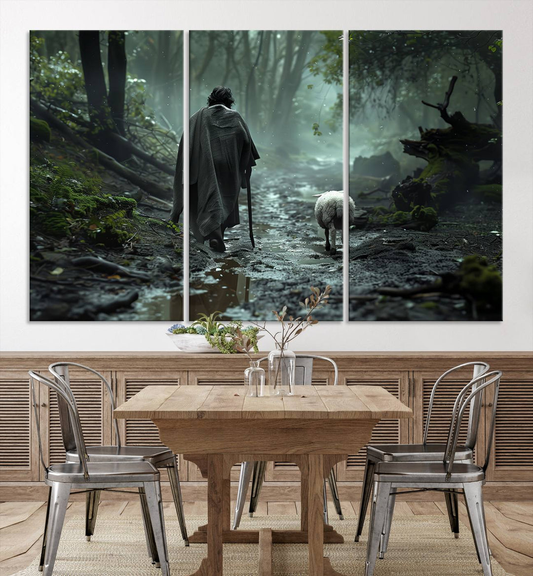 The "Forest Jesus Shepherd Canvas Wall Art" features a person with a cane, clothed in a cloak, walking beside a sheep through a misty forest. This piece captures tranquility and is ideal for adding serenity to your living room, office, or bedroom decor.