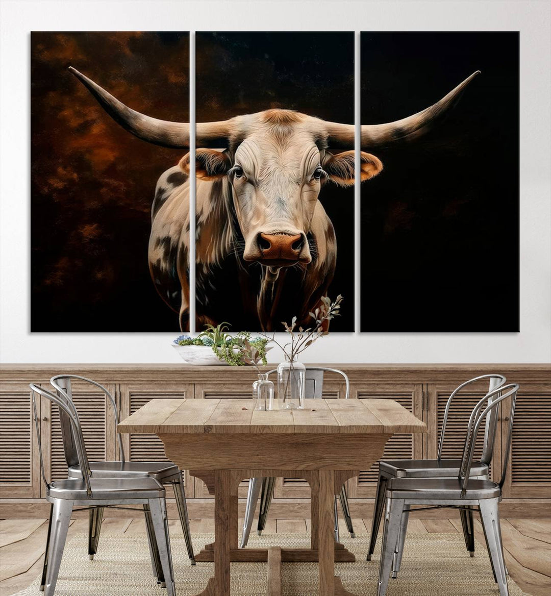 The Texas Longhorn Wall Art, a 3-panel large canvas print, infuses the room with a dash of cowboy charm.