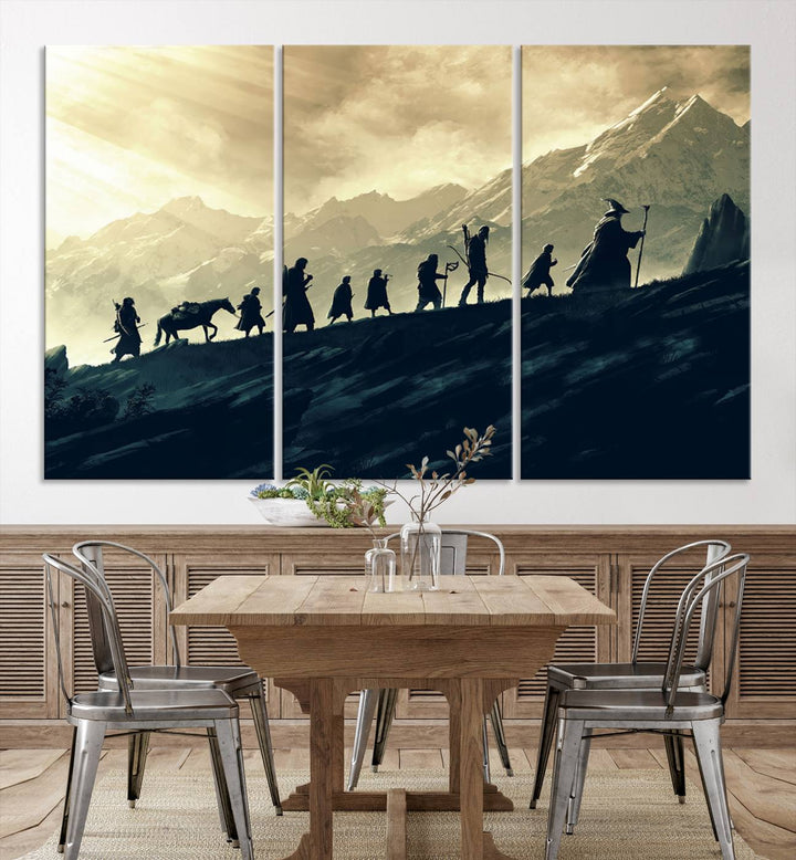 A canvas print titled "Lord of the Rings Silhouette Wall Art Capturing the Epic Quest Through Middle-Earth - The Fellowship's Journey" is displayed.