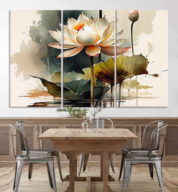 The Lotus Flower Watercolor Canvas Print, a contemporary wall art piece symbolizing serenity and growth with its soft watercolors, adorns the wall.