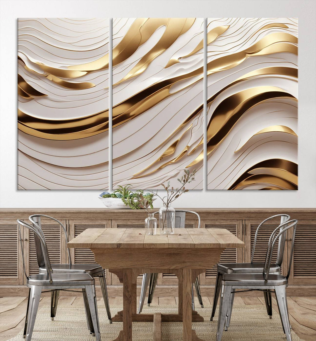 The "Gold and White Abstract Wave Canvas – Elegant Flowing Design with Luxurious Golden Accents" beautifully enhances the area and creates a stunning focal point in the room.