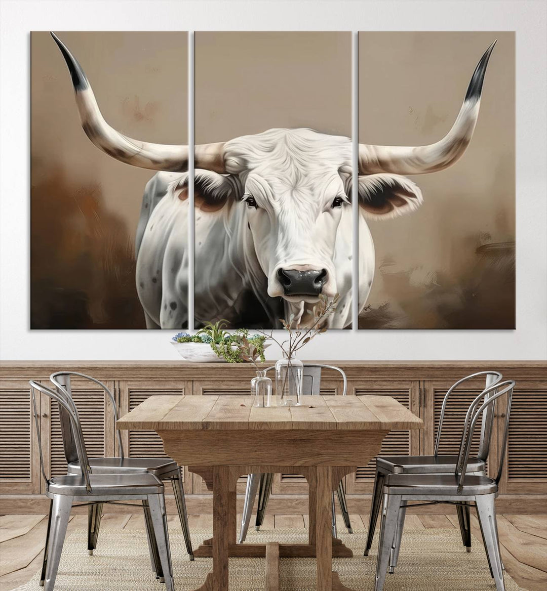 Texas Longhorn Canvas Wall Art features a triptych design on premium canvas with a gallery-quality finish.