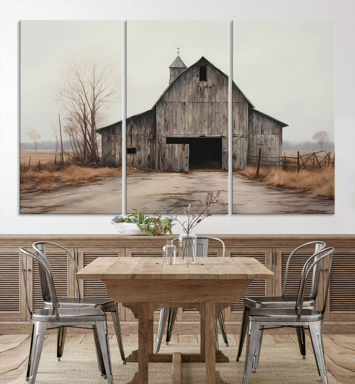 A framed and ready-to-hang Farmhouse Rustic Barn Wall Art Canvas Print is displayed against a gray wall. This stylish modern living room seamlessly combines rural life wall décor with contemporary comfort.