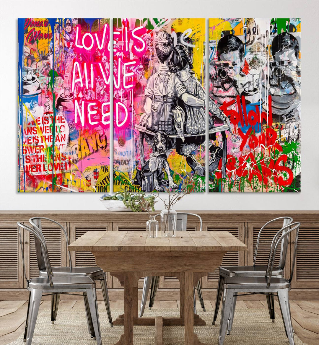 A vivid display of the "Follow Your Dreams & Love is All We Need" graffiti street art energizes a modern room with its three-panel arrangement. This bold giclee canvas print infuses any contemporary space with dynamic flair.