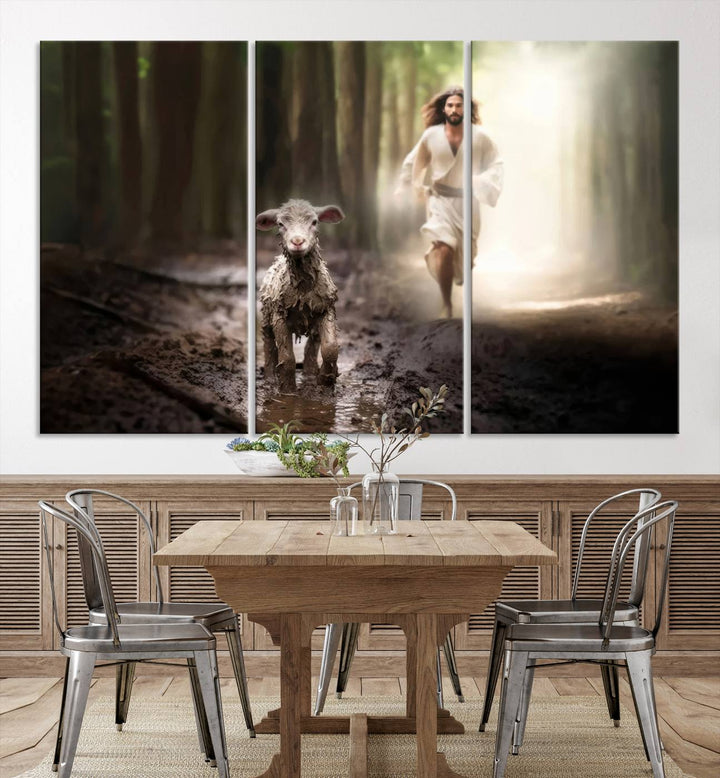 Discover the "Jesus Canvas Wall Art: Jesus Running After Lost Lamb," an exquisite triptych canvas piece that beautifully depicts Jesus in pursuit of a lost lamb within a forest setting. This artwork features a gallery-quality finish and is handmade in the USA, adding both charm and craftsmanship to your space. Perfect for Christian home decor enthusiasts.