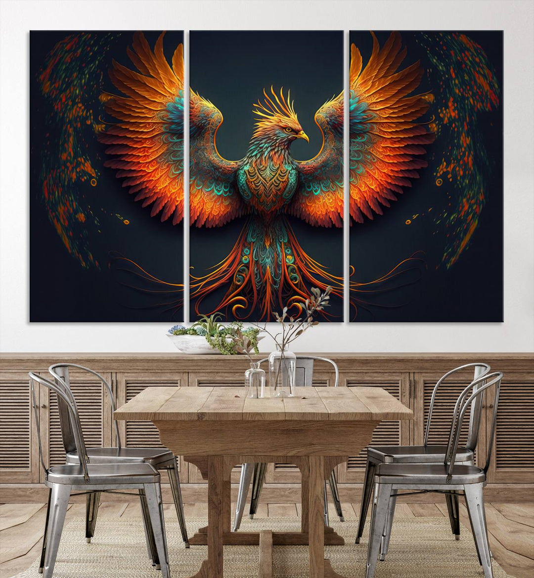 The Majestic Phoenix Wall Art Canvas Set, a fiery symbol of rebirth and strength, graces the wall.