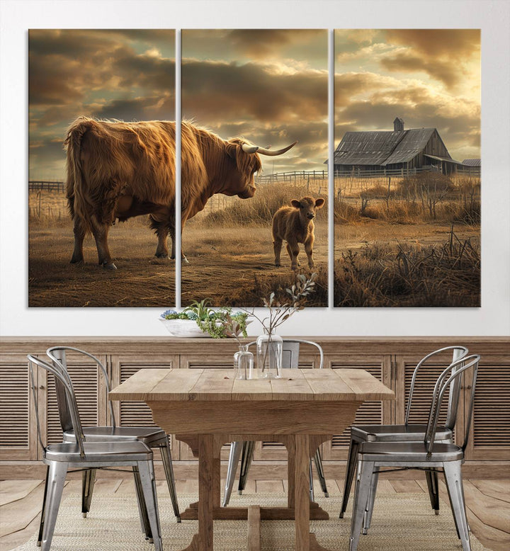 The living room features the "Highland Cow Canvas Wall Art Animal Print Pictures Fluffy Cattle Art," which captures a cow and calf in a rural sunset scene, adding gallery-quality charm.