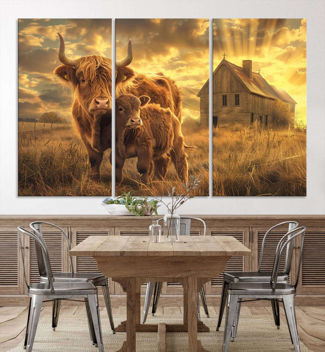 The room features the Barn and Highland Cow Canvas Wall Art Animal Print, a three-panel canvas depicting cows in a sunset field with a rustic barn backdrop. This handmade piece brings charm and character with its gallery-quality finish.