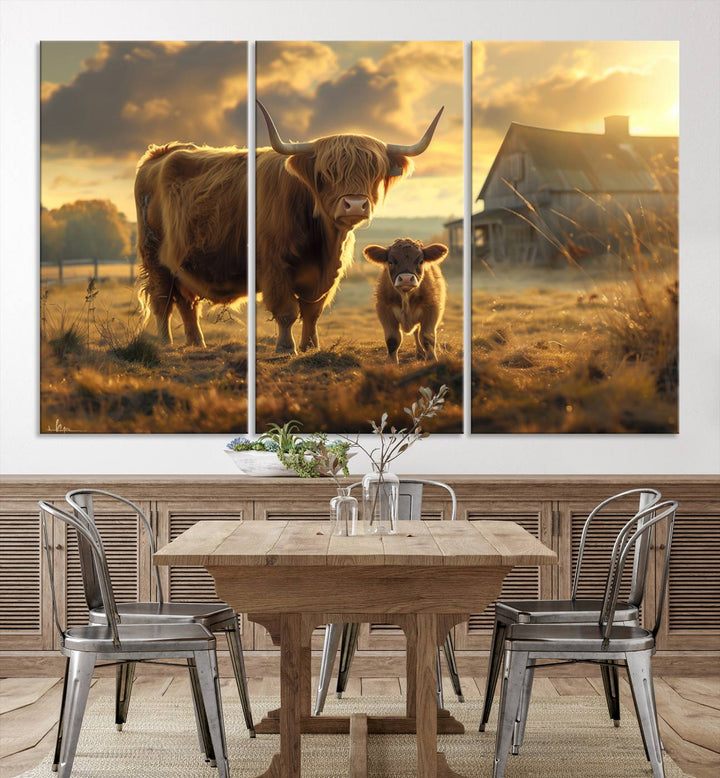 The "Highland Baby Cow Canvas Wall Art Animal Print" triptych art piece showcases a cow and calf in a sunlit field with a barn in the background.