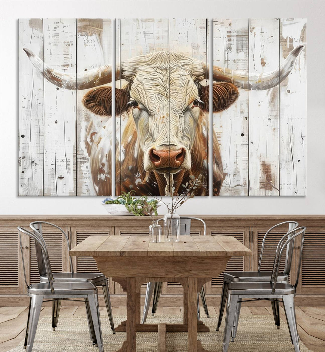 The dimly lit room is enhanced with Western charm by the Rustic Longhorn Bull Wall Art Canvas Set—Western-Inspired Farmhouse Décor, elegantly displayed on the wall.