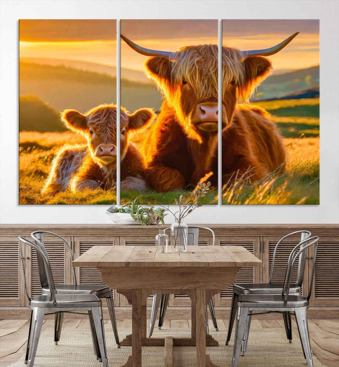 The living room showcases a gallery-quality finish with the Scottish Cow and Baby Cow Canvas Wall Art, featuring a charming animal print of fluffy cattle as the centerpiece. This stunning piece is displayed on premium canvas, creating an inviting atmosphere.