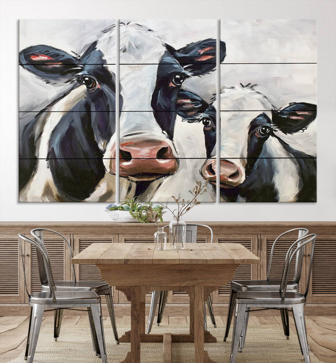 The Vintage Baby and Mom Cattle Wall Art Canvas Print is prominently displayed, adding a touch of contemporary and farmhouse decor to the modern living room.