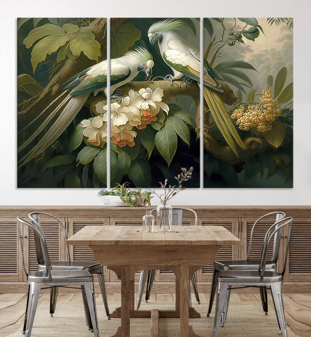 Crafted in the USA, this Tropical Paradise Print wall art features a stunning parrot amidst a lush forest and beautiful flowers.